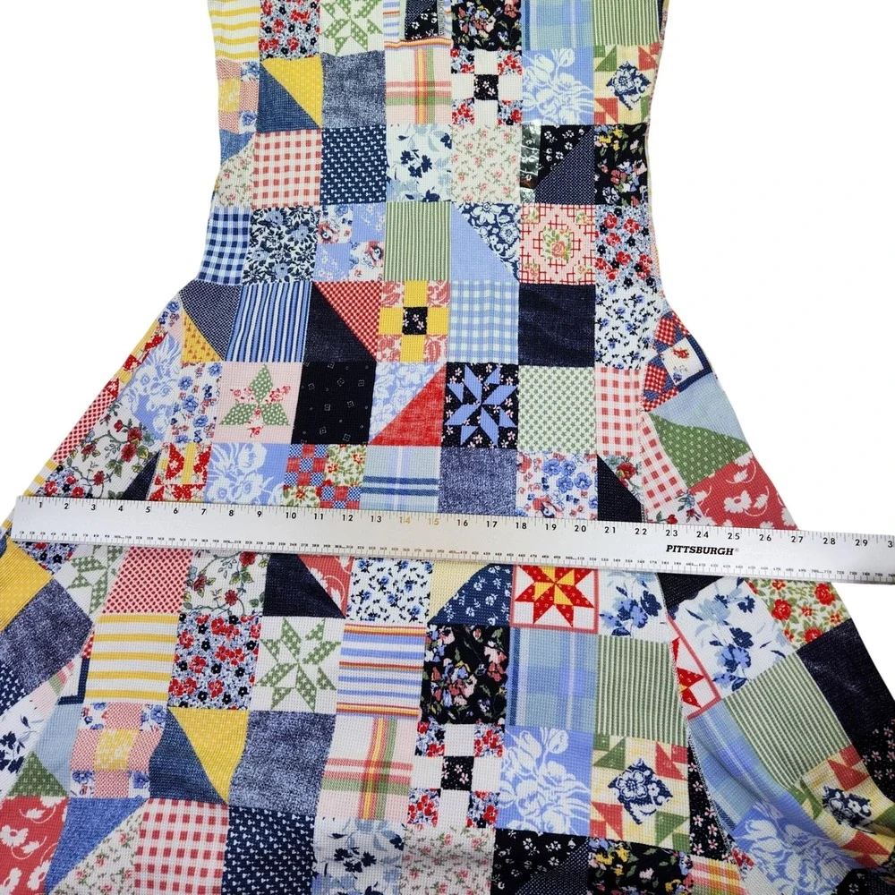 Polo Ralph Lauren Patchwork Quilt Print Waffle‎ Knit Maxi Dress Blue L RARE New - Picture 9 of 15